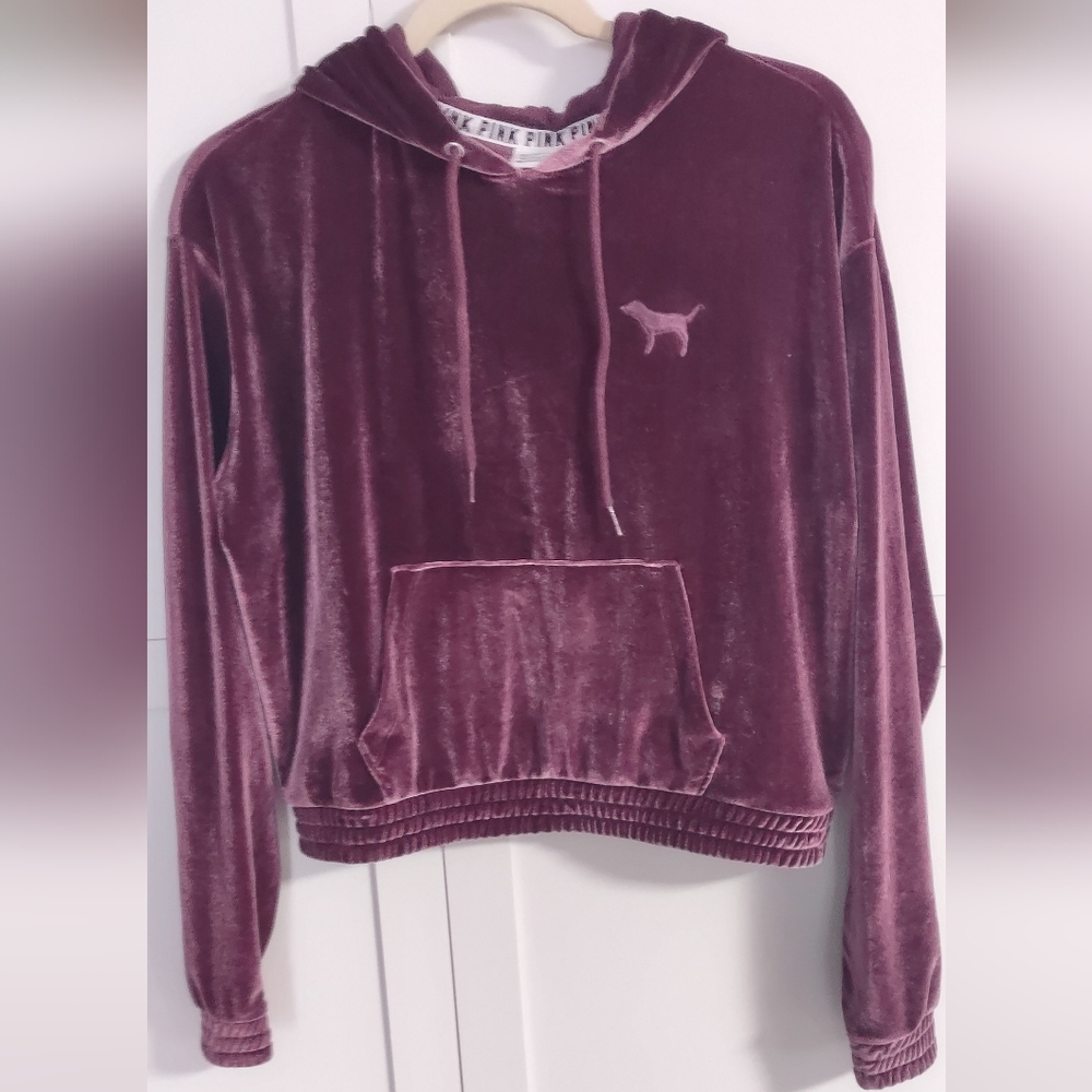 PINK Victoria Secret Women's Burgundy Purple Velvet Cropped Hoodie Size S Unworn